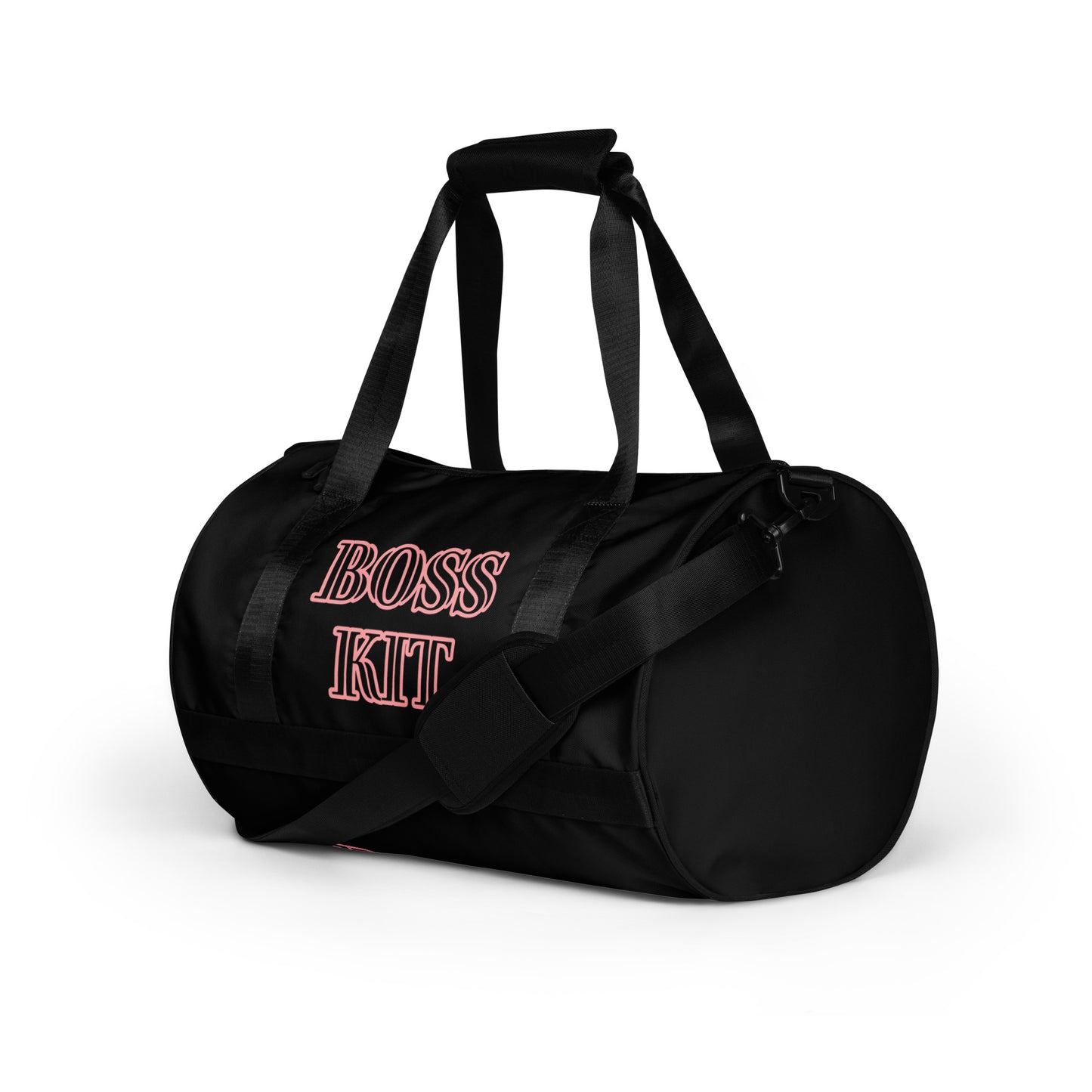 BOSS KIT TRAVEL OR GYM BAG- WRITING TRIMMED IN PINK  BAG IS IN BLACK