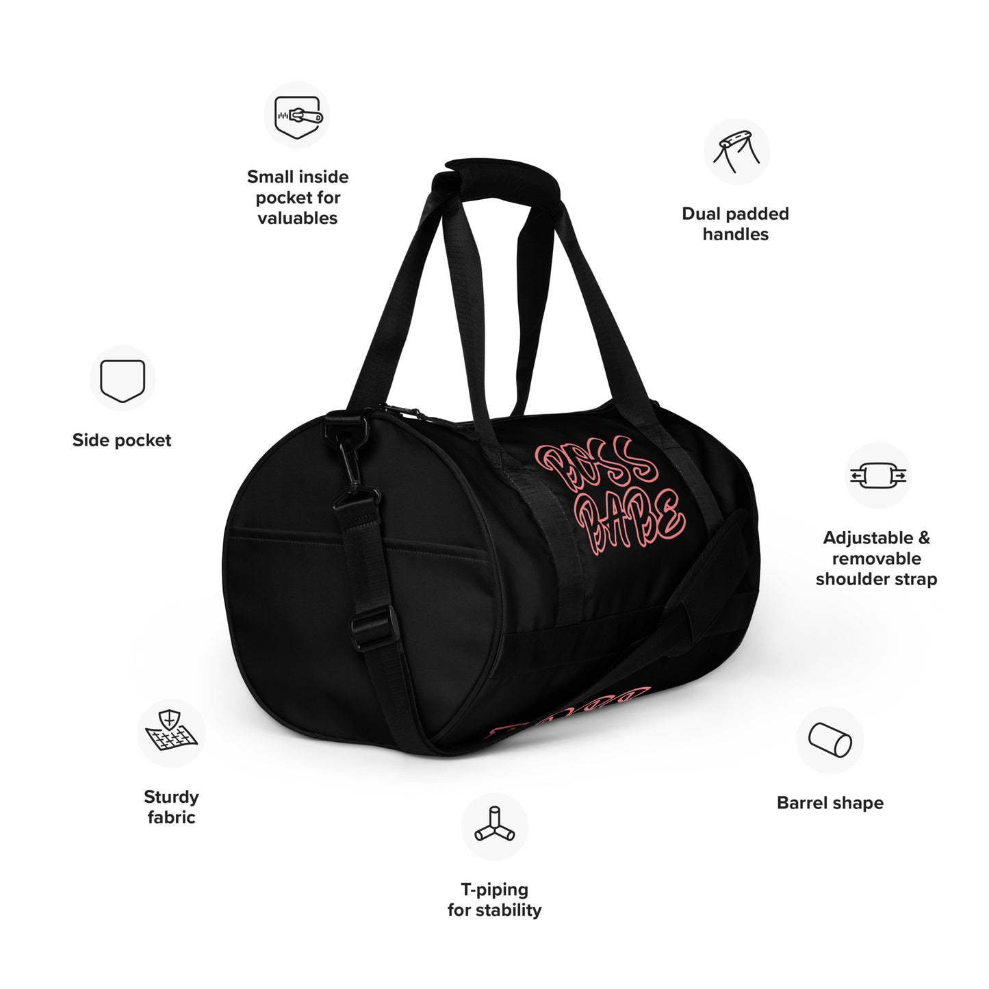 BOSS BABE  TRAVEL OR GYM BAG SHOWN WITH PINK OUTLINE ON BLACK BAG