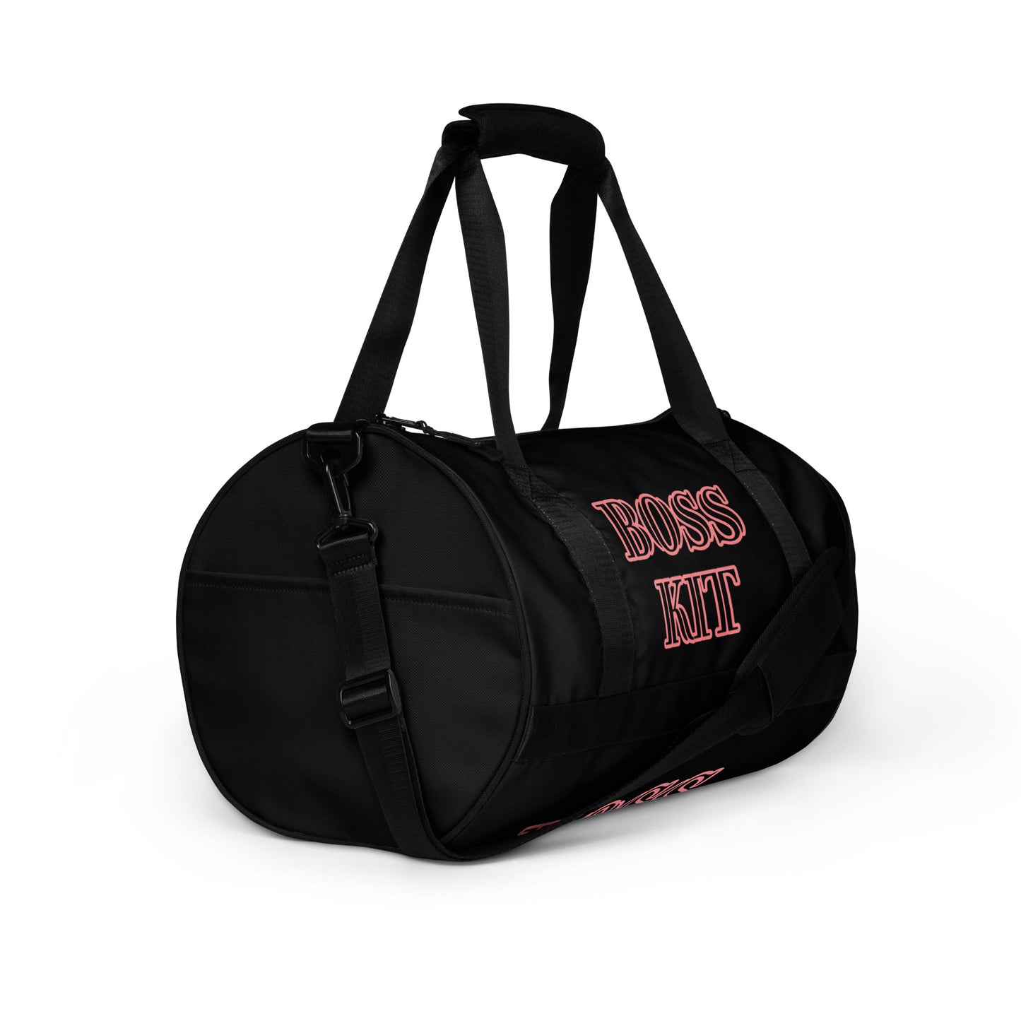 BOSS KIT TRAVEL OR GYM BAG- WRITING TRIMMED IN PINK  BAG IS IN BLACK