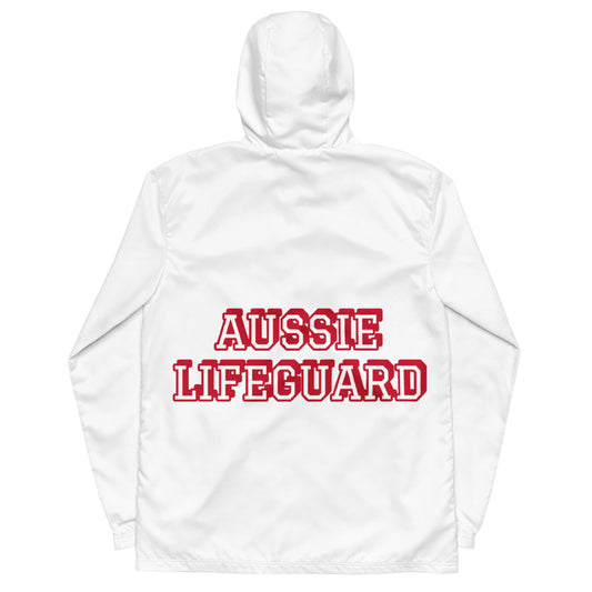 AUSSIE LIFEGUARD ---WHITE JACKET WITH RED TRIM WORDS---Men’s windbreaker