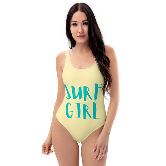 SURF GIRL YELLOW  WITH TEAL WRITING  One-Piece Swimsuit