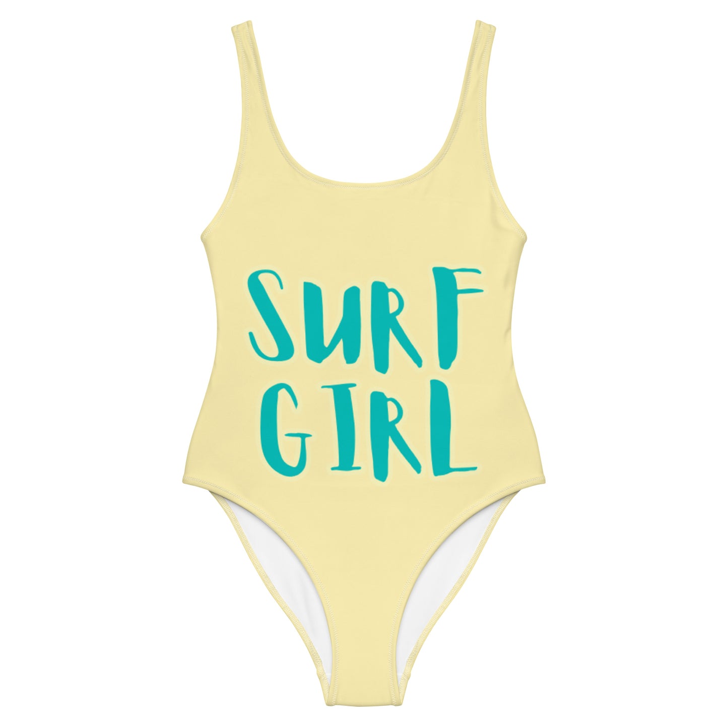 SURF GIRL YELLOW  WITH TEAL WRITING  One-Piece Swimsuit