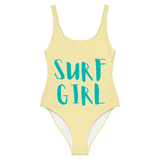 SURF GIRL YELLOW  WITH TEAL WRITING  One-Piece Swimsuit