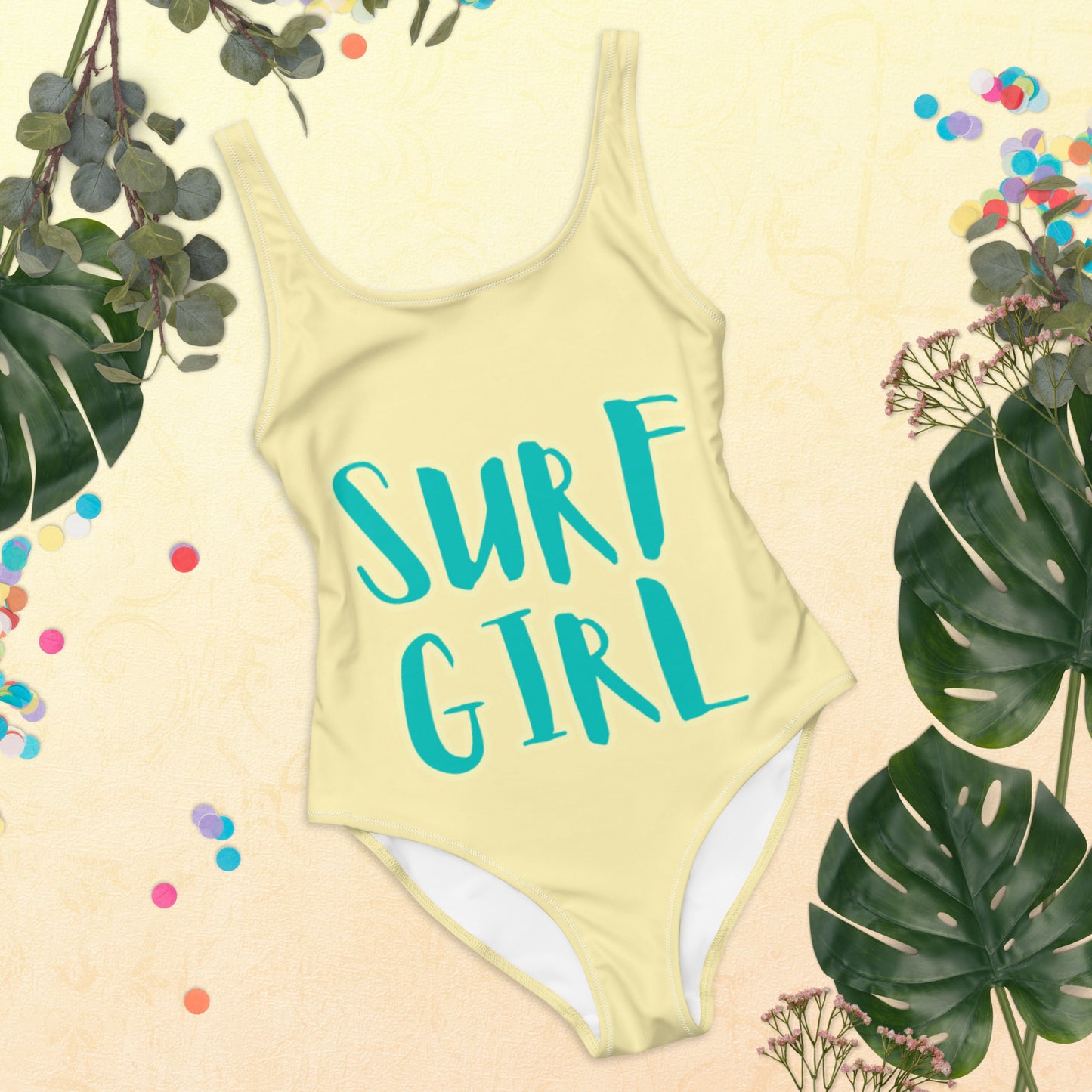 SURF GIRL YELLOW  WITH TEAL WRITING  One-Piece Swimsuit