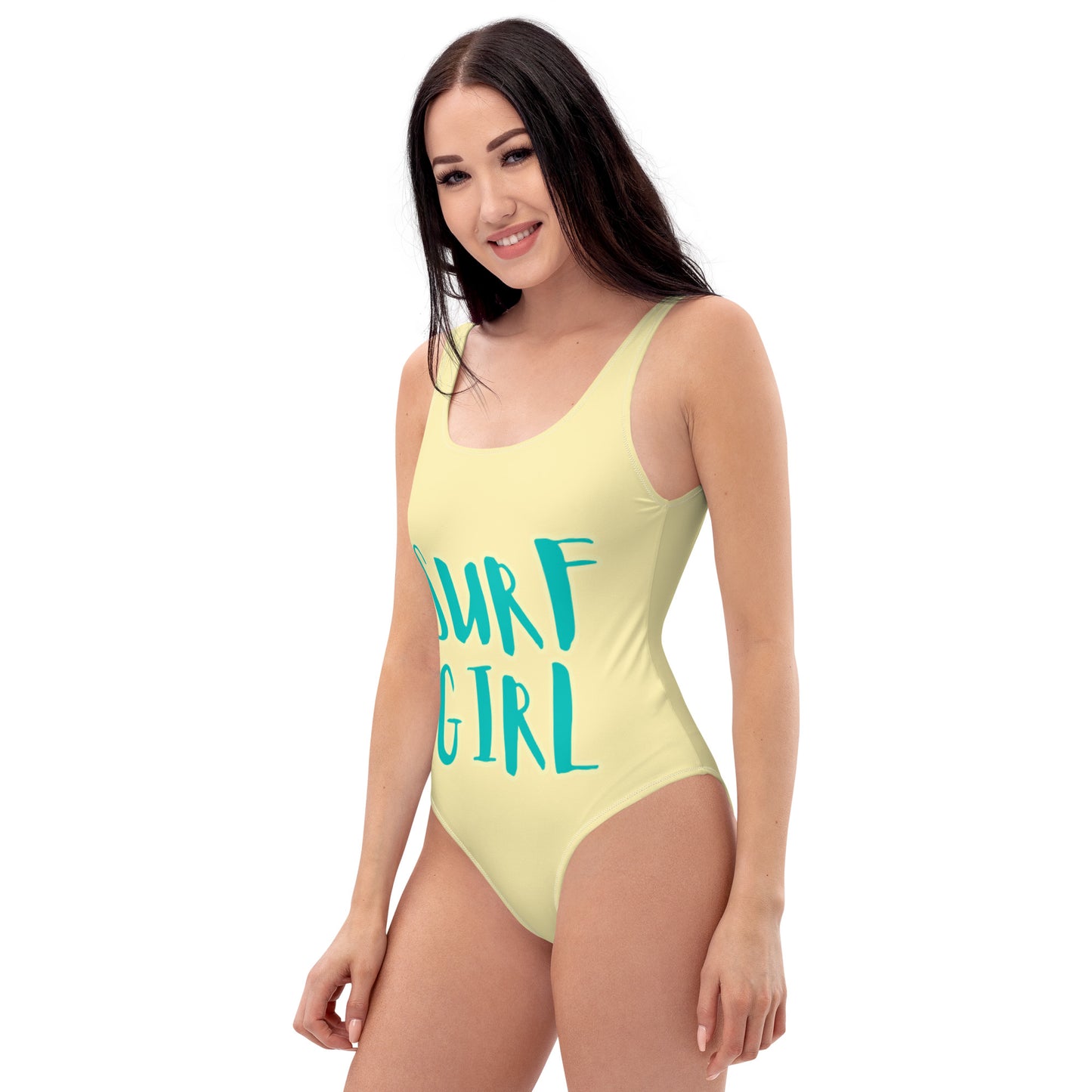 SURF GIRL YELLOW  WITH TEAL WRITING  One-Piece Swimsuit