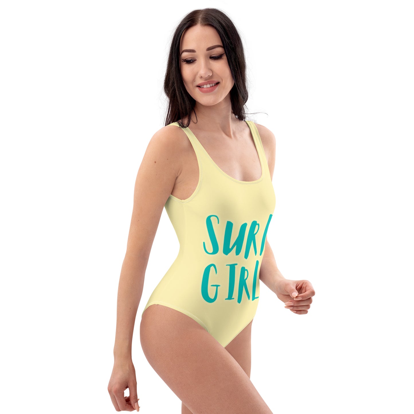 SURF GIRL YELLOW  WITH TEAL WRITING  One-Piece Swimsuit