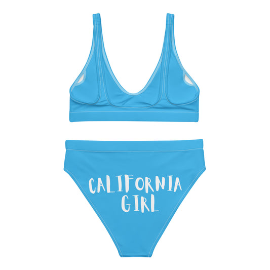 CALIFORNIA GIRL-- BLUE WITH WHITE WRITING Recycled high-waisted bikini