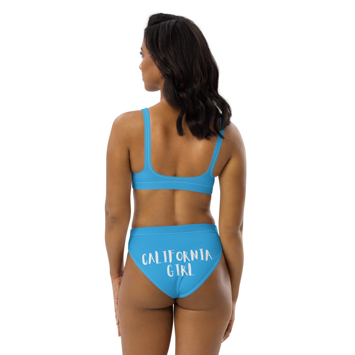 CALIFORNIA GIRL-- BLUE WITH WHITE WRITING Recycled high-waisted bikini