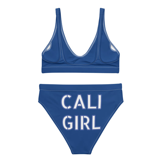 CALI GIRL--DEEP BLUE WITH WHITE WRITING--Recycled high-waisted bikini