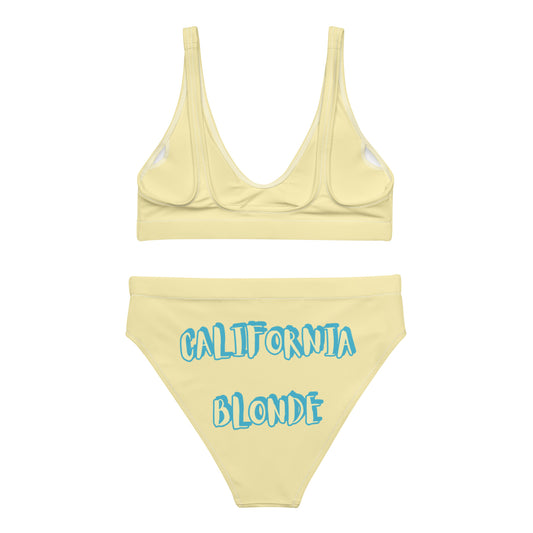 CALIFORNIA BLONDE ---YELLOW BIKINI--- WHITE & BLUE WRITING Recycled high-waisted bikini