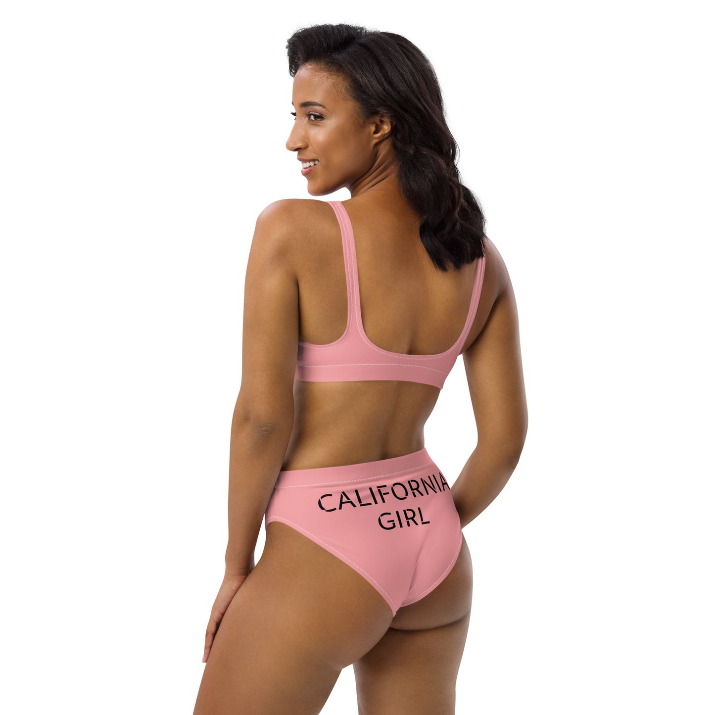 PINK BIKINI--CALIFORNIA GIRL WITH BLACK WRITING Recycled high-waisted bikini