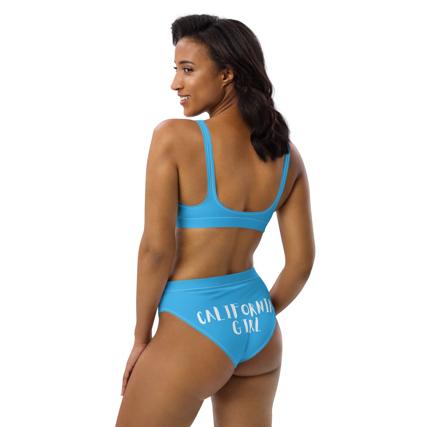 CALIFORNIA GIRL-- BLUE WITH WHITE WRITING Recycled high-waisted bikini