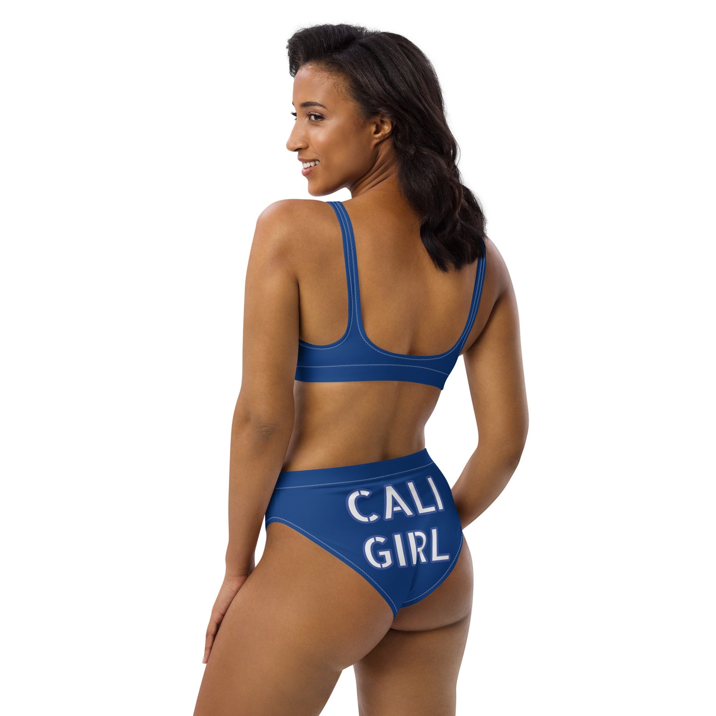 CALI GIRL--DEEP BLUE WITH WHITE WRITING--Recycled high-waisted bikini