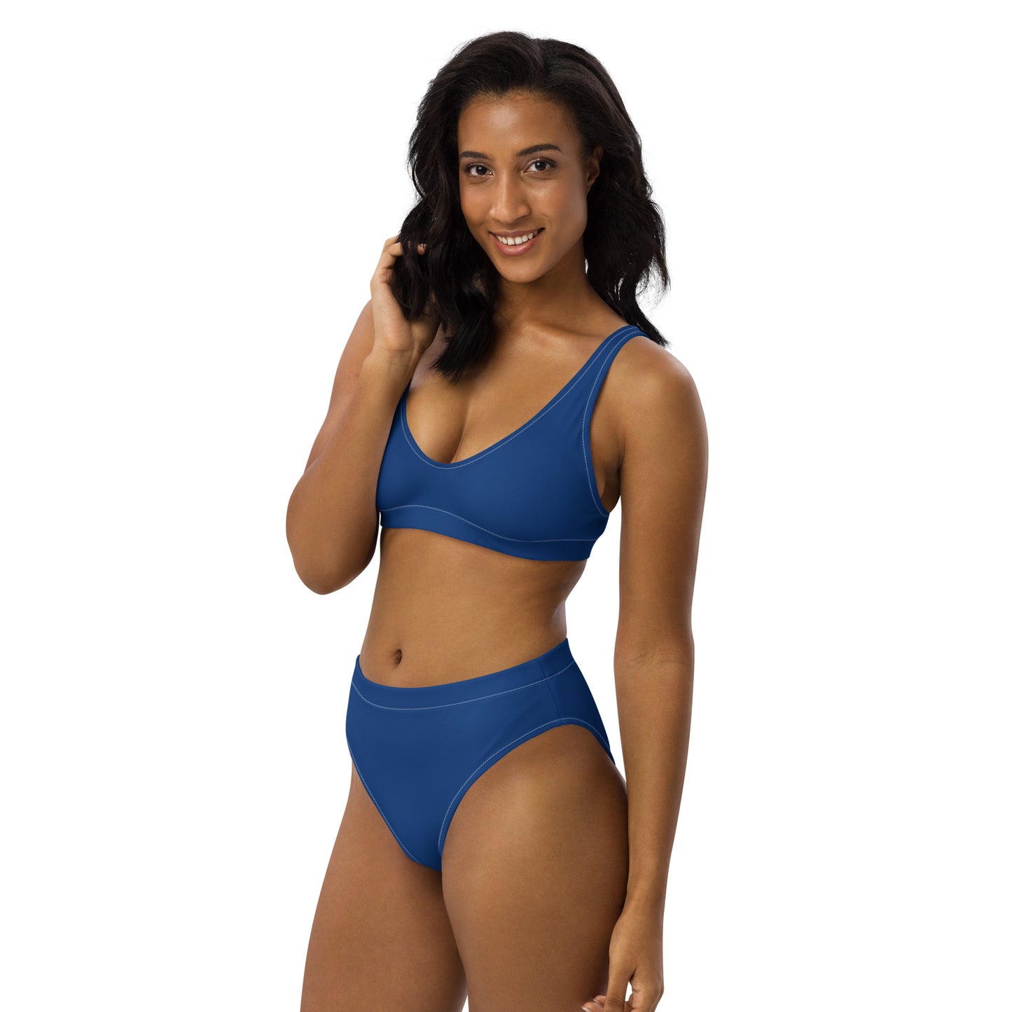 CALI GIRL--DEEP BLUE WITH WHITE WRITING--Recycled high-waisted bikini