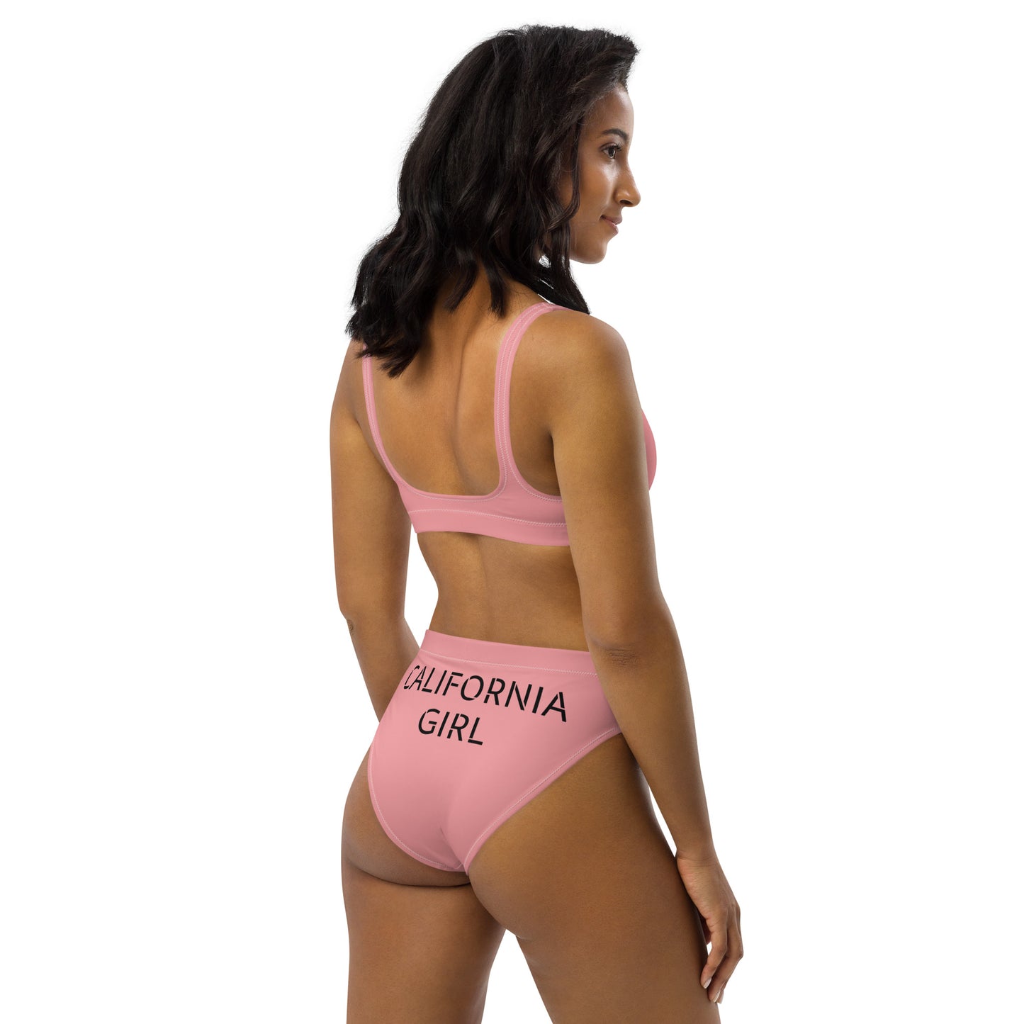 PINK BIKINI--CALIFORNIA GIRL WITH BLACK WRITING Recycled high-waisted bikini