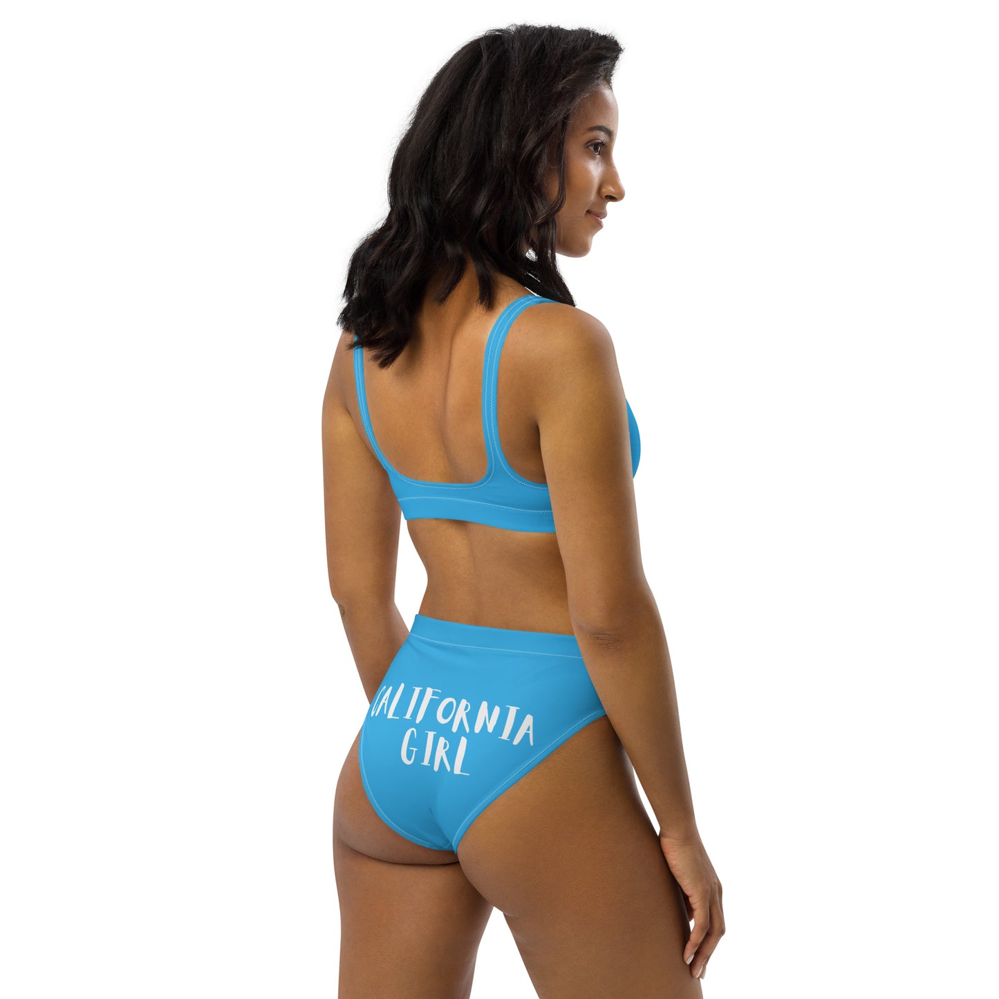 CALIFORNIA GIRL-- BLUE WITH WHITE WRITING Recycled high-waisted bikini