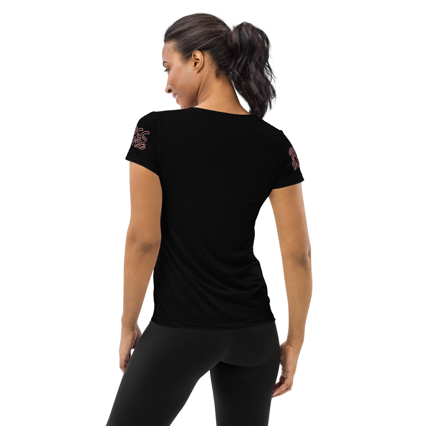 BOSS BABE ON FRONT AND ON SLEEVES! PINK OUTLINE ON BLACK SHIRTAll-Over Print Women's Athletic T-shirt