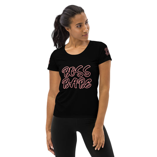 BOSS BABE ON FRONT AND ON SLEEVES! PINK OUTLINE ON BLACK SHIRTAll-Over Print Women's Athletic T-shirt