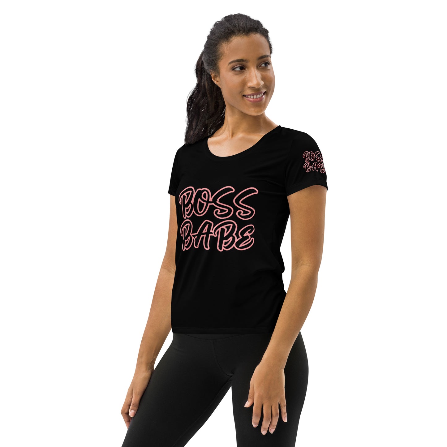 BOSS BABE ON FRONT AND ON SLEEVES! PINK OUTLINE ON BLACK SHIRTAll-Over Print Women's Athletic T-shirt