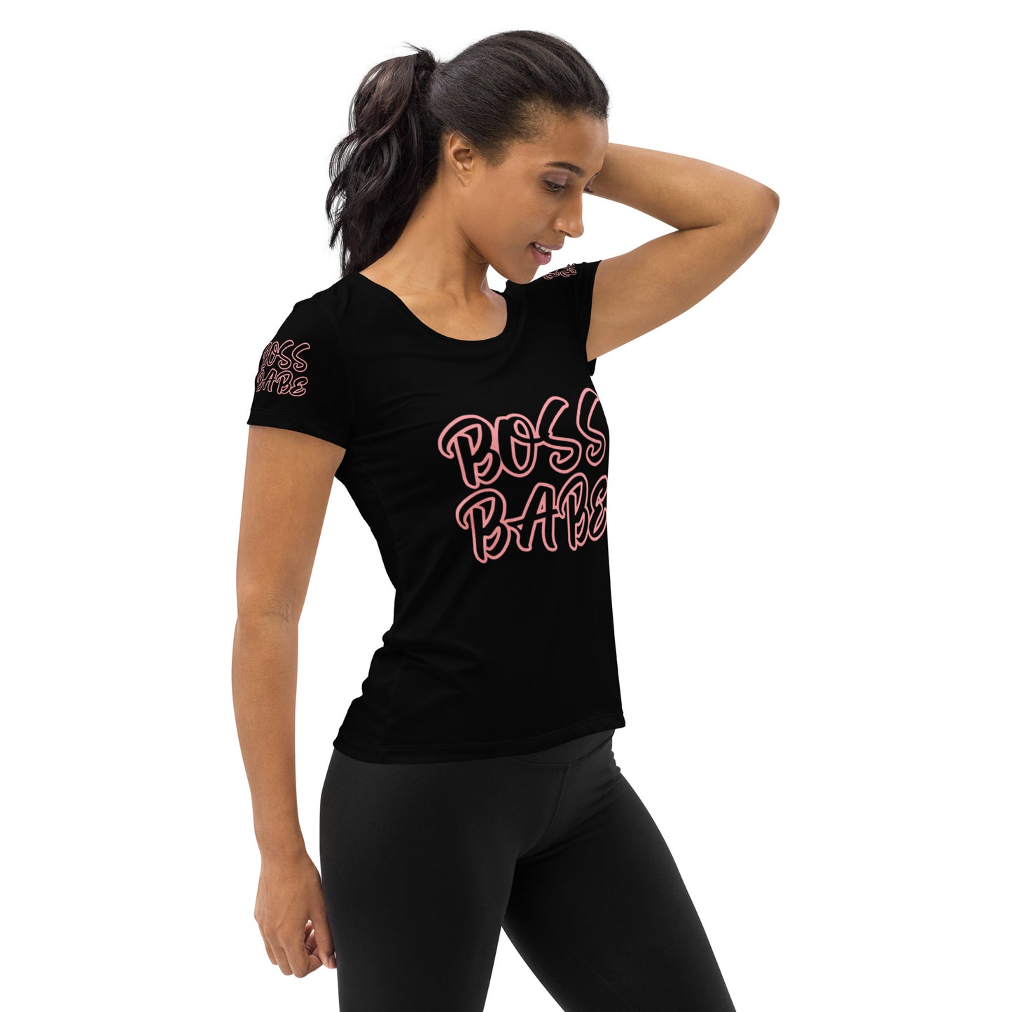 BOSS BABE ON FRONT AND ON SLEEVES! PINK OUTLINE ON BLACK SHIRTAll-Over Print Women's Athletic T-shirt