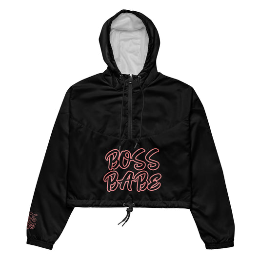 BOSS BABE (ON FRONT & ONE SLEEVE) WRITING IS IN PINK WITH BLACK OUTLINE ON A BLACK JACKET Women’s cropped windbreaker