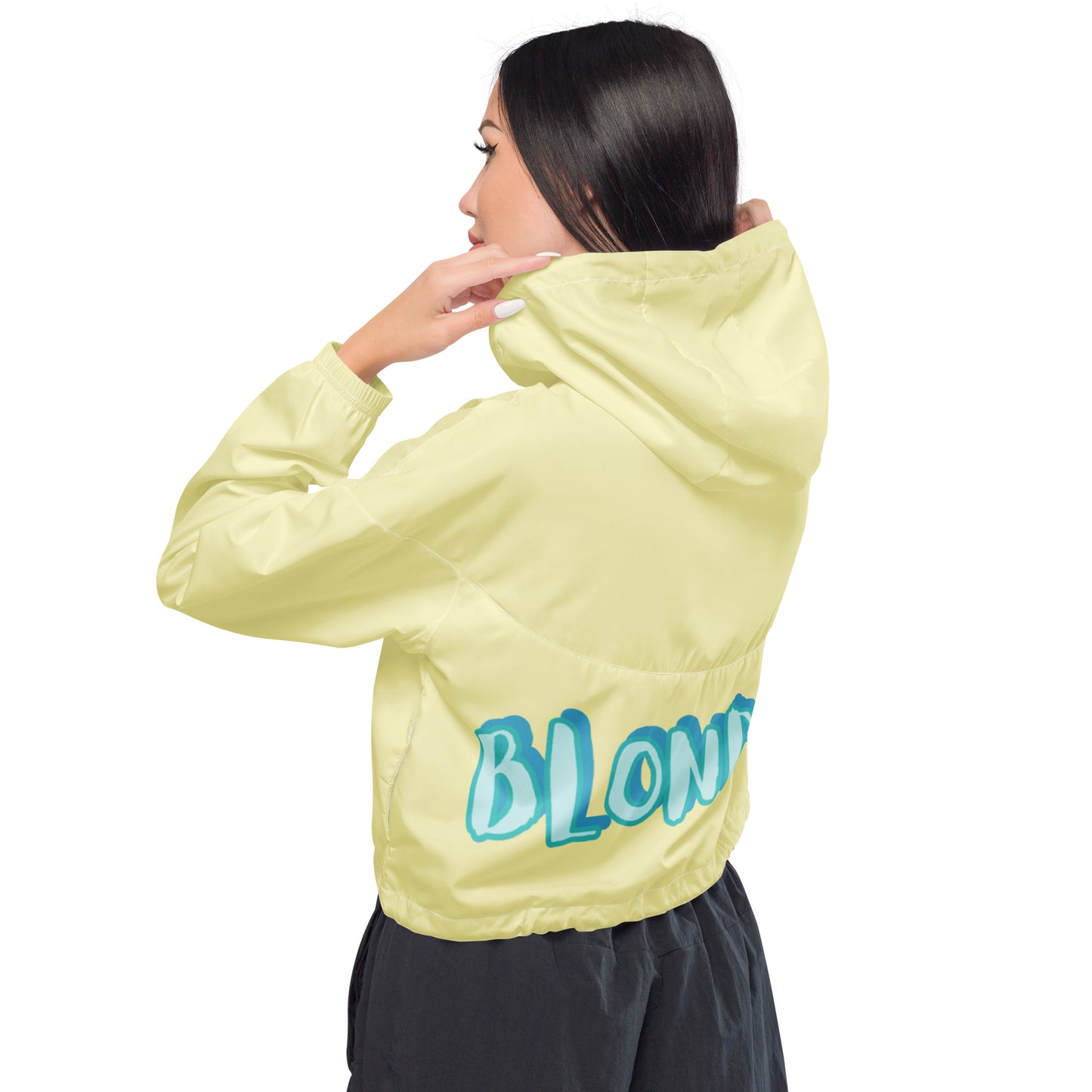 YELLOW JACKET----BLONDIE WITH BLUE WRITING Women’s cropped windbreaker