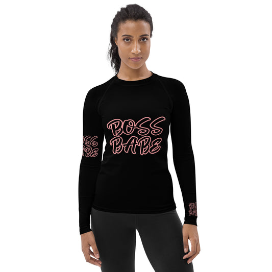 BOSS BABE  (ON FRONT AND SLEEVES )WITH PINK OUTLINE ON BLACK BACKGROUND  Women's Rash Guard