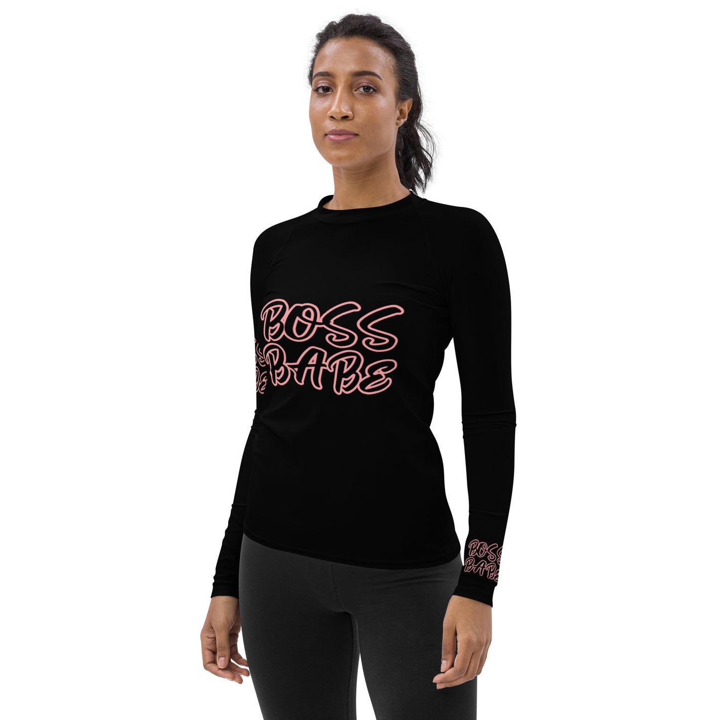 BOSS BABE  (ON FRONT AND SLEEVES )WITH PINK OUTLINE ON BLACK BACKGROUND  Women's Rash Guard