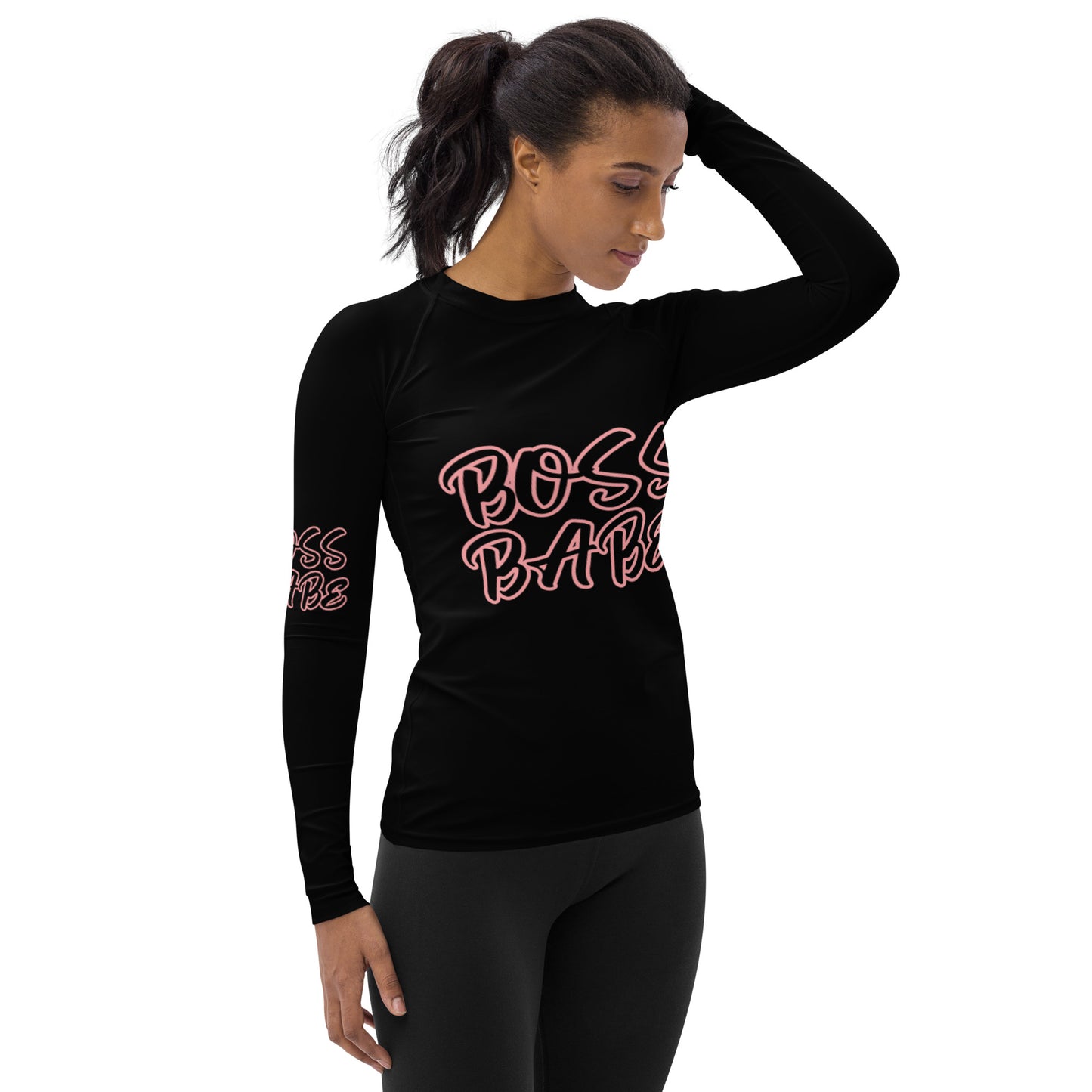 BOSS BABE  (ON FRONT AND SLEEVES )WITH PINK OUTLINE ON BLACK BACKGROUND  Women's Rash Guard