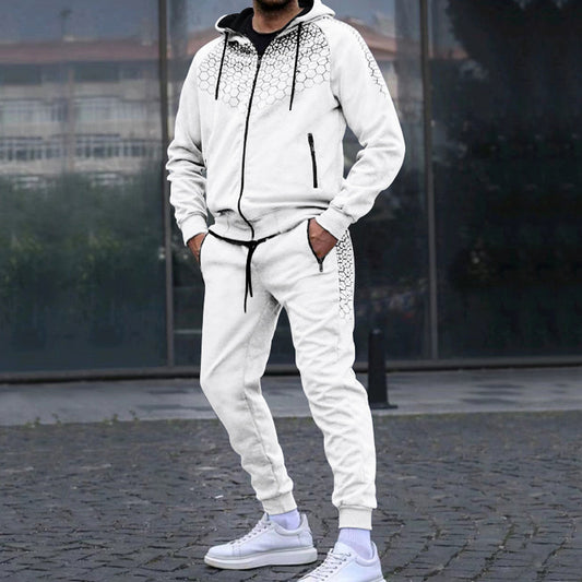 Men's Zipper Hooded Cardigan Jacket Honeycomb Print Casual Sweatshirt Trousers Set