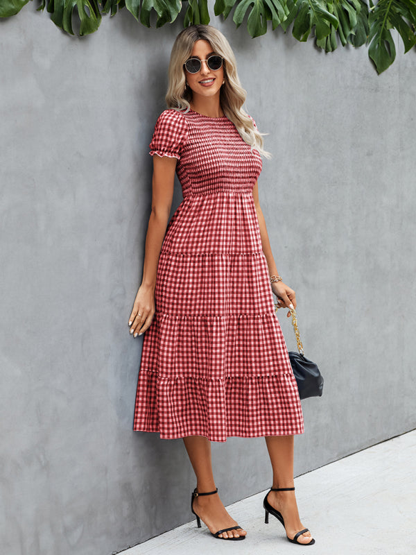 Women's fashion Plaid print pleated short sleeved dress