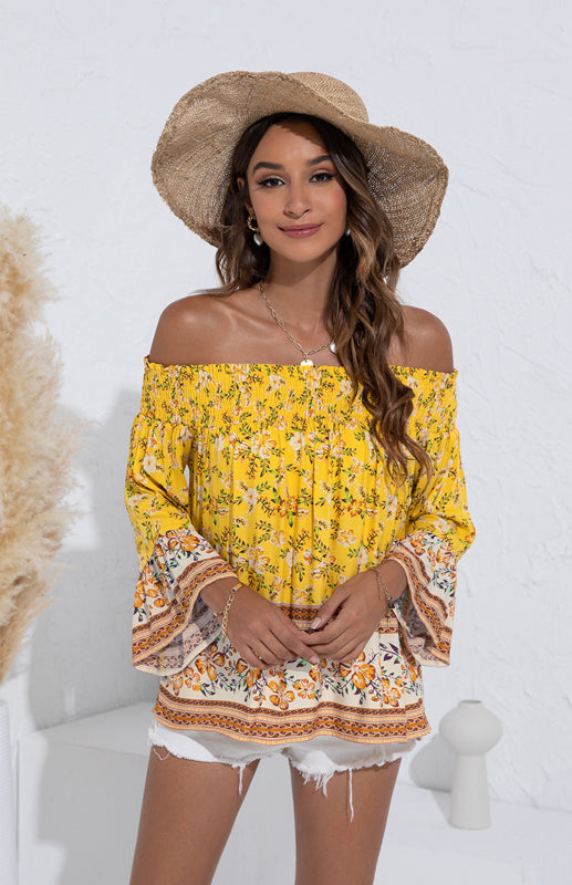 Women's One Shoulder  Floral Flared Sleeve Top