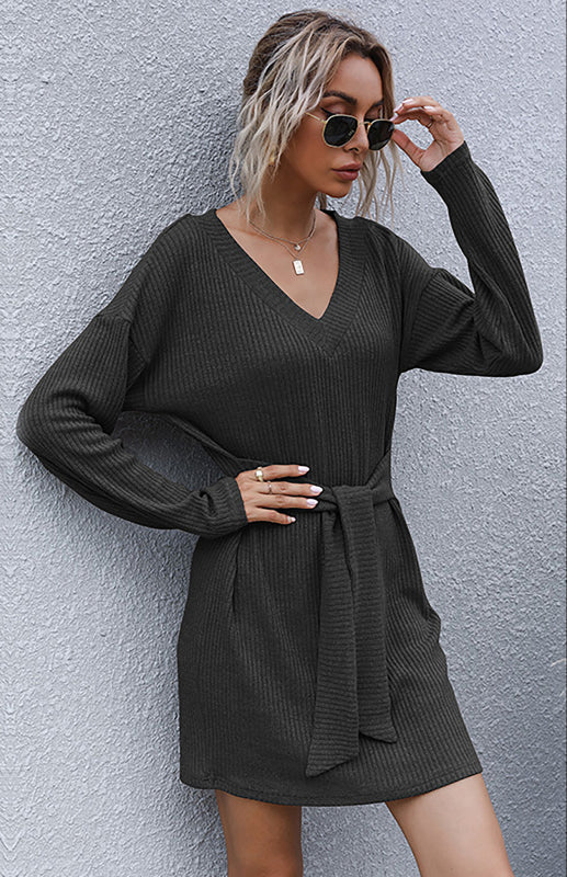 Ladies Long Sleeve Solid Color V-Neck Knit Sweater Dress