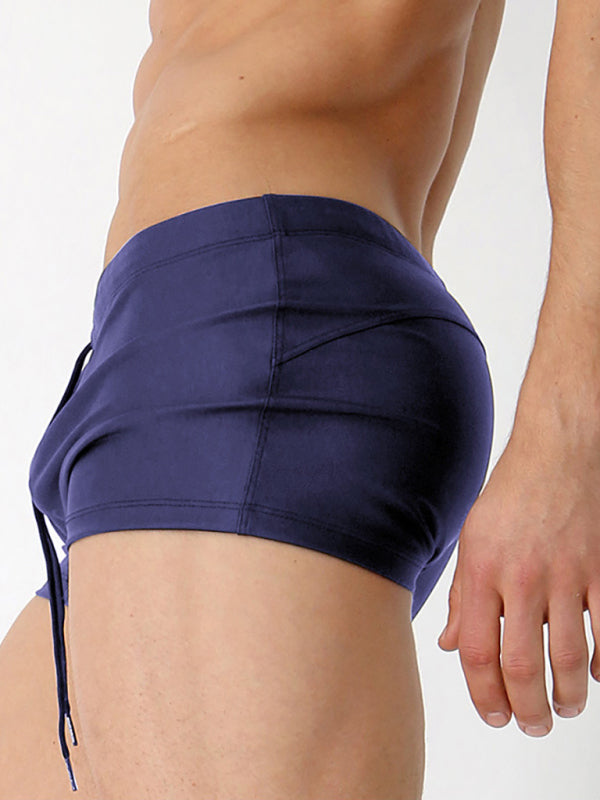 Men's Solid Color Drawstring Sexy Boxer Swim Shorts