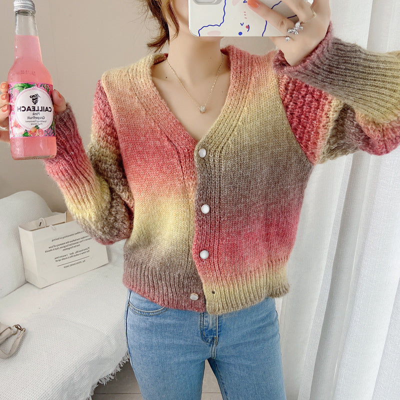 Rainbow Gradient Color Sweater Loose Lazy Long-sleeved V-neck Knit Cardigan