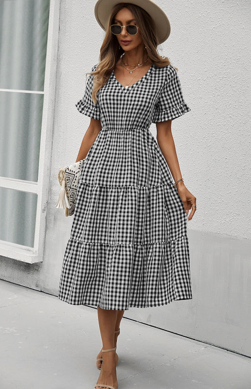 Women's spring and summer sexy big swing skirt plaid temperament dress