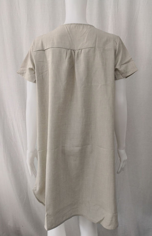 V-Neck Rolled Short Sleeve Gathered Curved Linen Dress