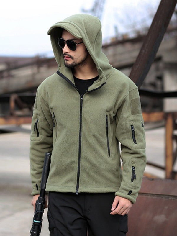 Men's Outdoor Warm Liner Fleece Jacket Cold-Proof Jacket Wind Hood Solid Color Hooded Jacket