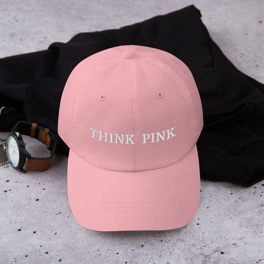 THINK PINK ....PINK COLOR Dad hat WITH WHITE STITCHES