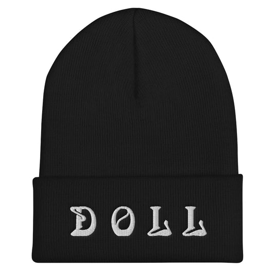 DOLL- BLACK Cuffed Beanie WITH WHITE STITCH