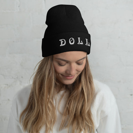 DOLL- BLACK Cuffed Beanie WITH WHITE STITCH