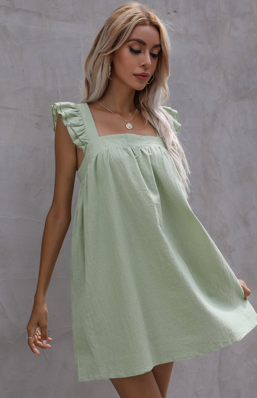 Ladies Loose Short Skirt Ruffle Vest Cotton Linen Dress