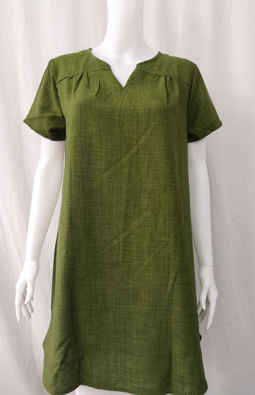 V-Neck Rolled Short Sleeve Gathered Curved Linen Dress