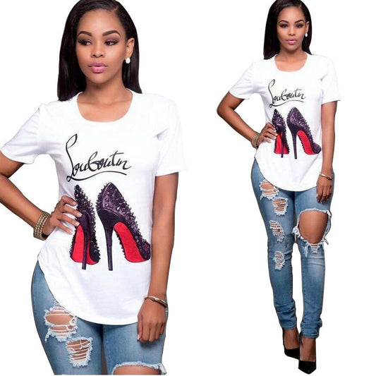 Women's lettering printing bottoming shirt loose skinny round neck short sleeve T-shirt