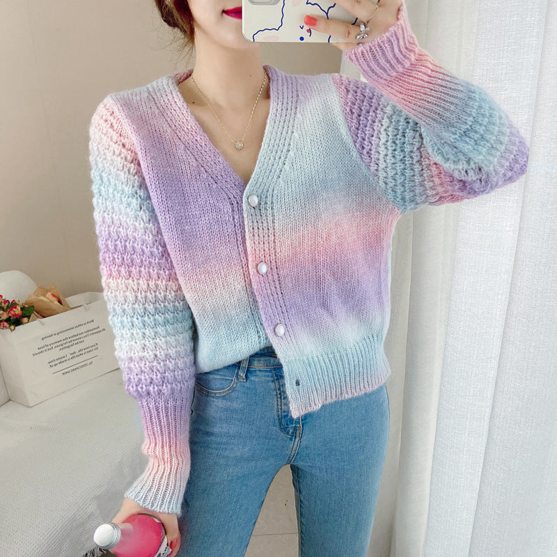 Rainbow Gradient Color Sweater Loose Lazy Long-sleeved V-neck Knit Cardigan