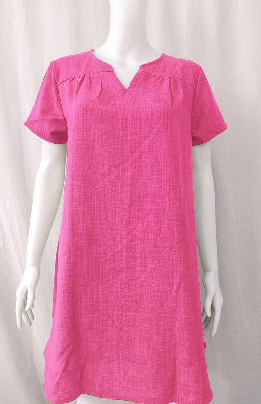 V-Neck Rolled Short Sleeve Gathered Curved Linen Dress