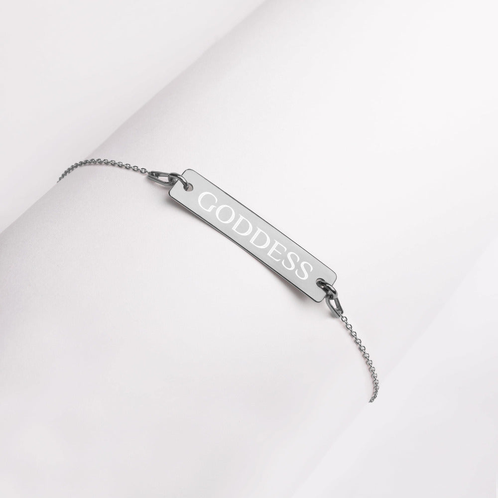 GODDESS Engraved Silver Bar Chain Bracelet