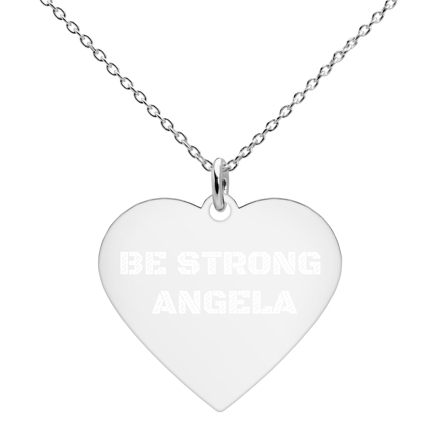 BE STRONG ANGELA Engraved Silver Heart Necklace