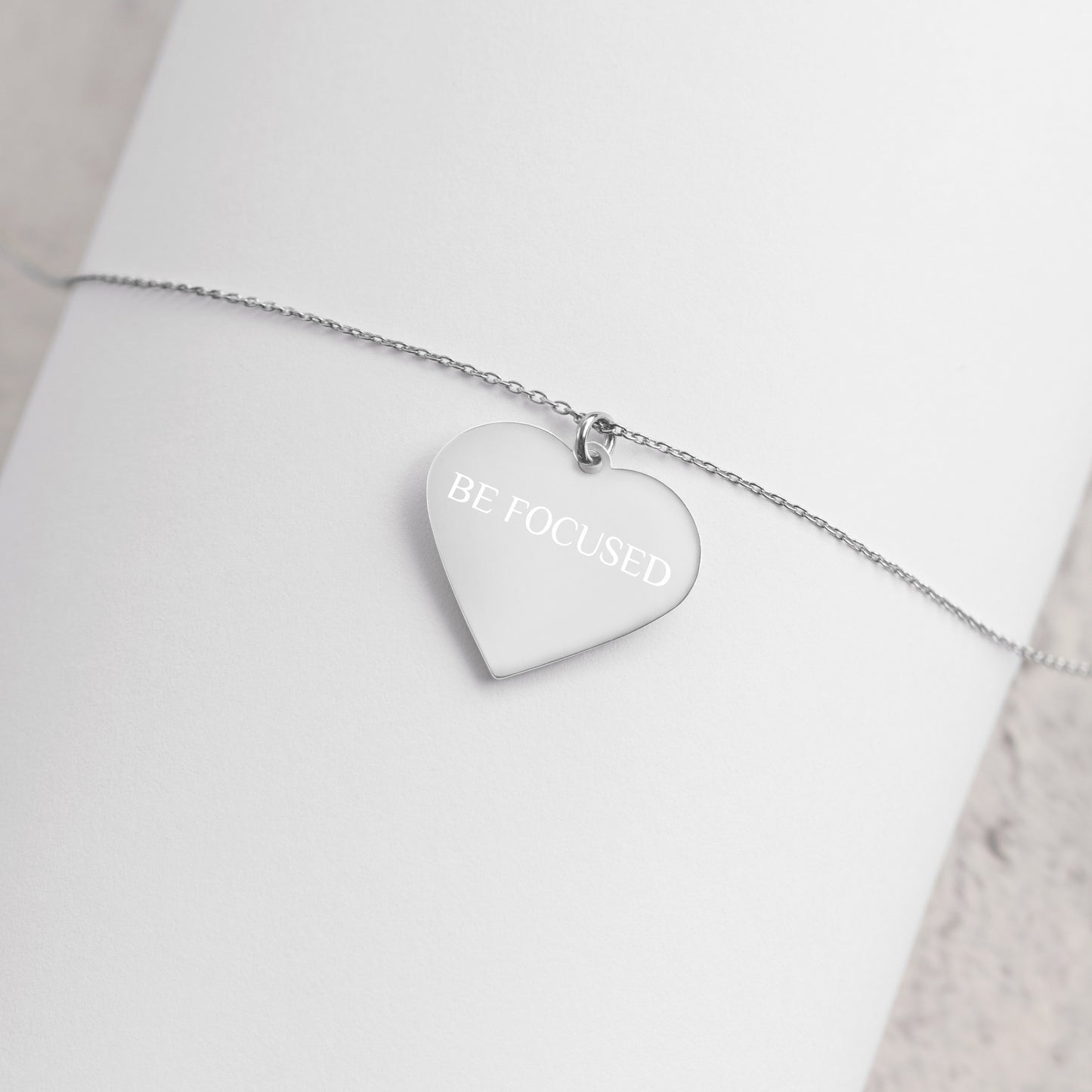 BE FOCUSED Engraved Silver Heart Necklace