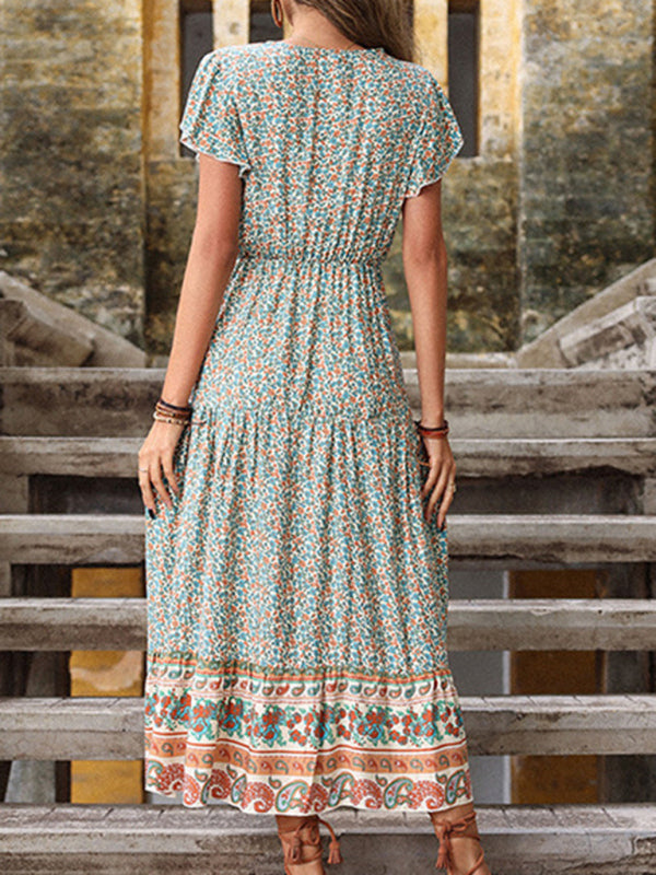 women's summer retro print green slimming dress